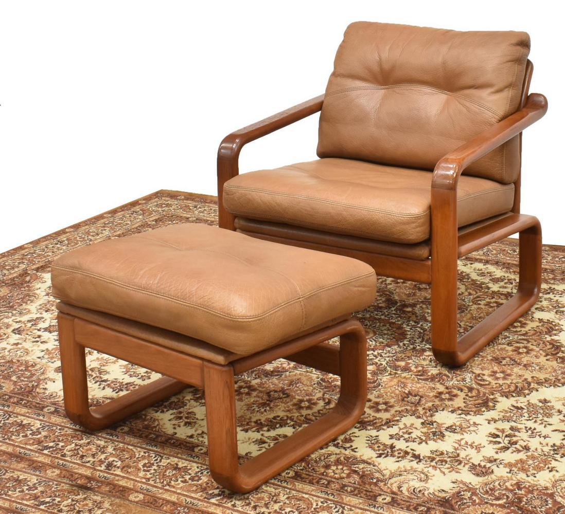 2) DANISH MID-CENTURY MODERN TEAK ARMCHAIR & STOOL: (lot of 2) Danish mid-century modern teakwood seating suite, c.1960s-1970s, comprising: (1) armchair, bentwood frame, with removable tan leather cushions to back and seat, approx 31.5"h, 29"w, 29"d; (