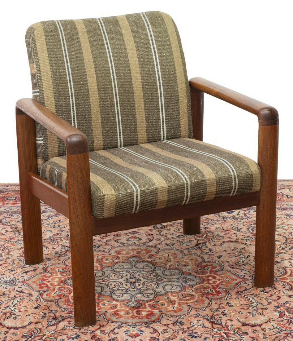DANISH MID-CENTURY MODERN UPHOLSTERED ARMCHAIR: Danish mid-century modern armchair, c.1960s, teak frame, with striped brown upholstered back and seat, spotting to edge of seat, approx 30.75"h, 27"w, 23"d Start Price: $100.00