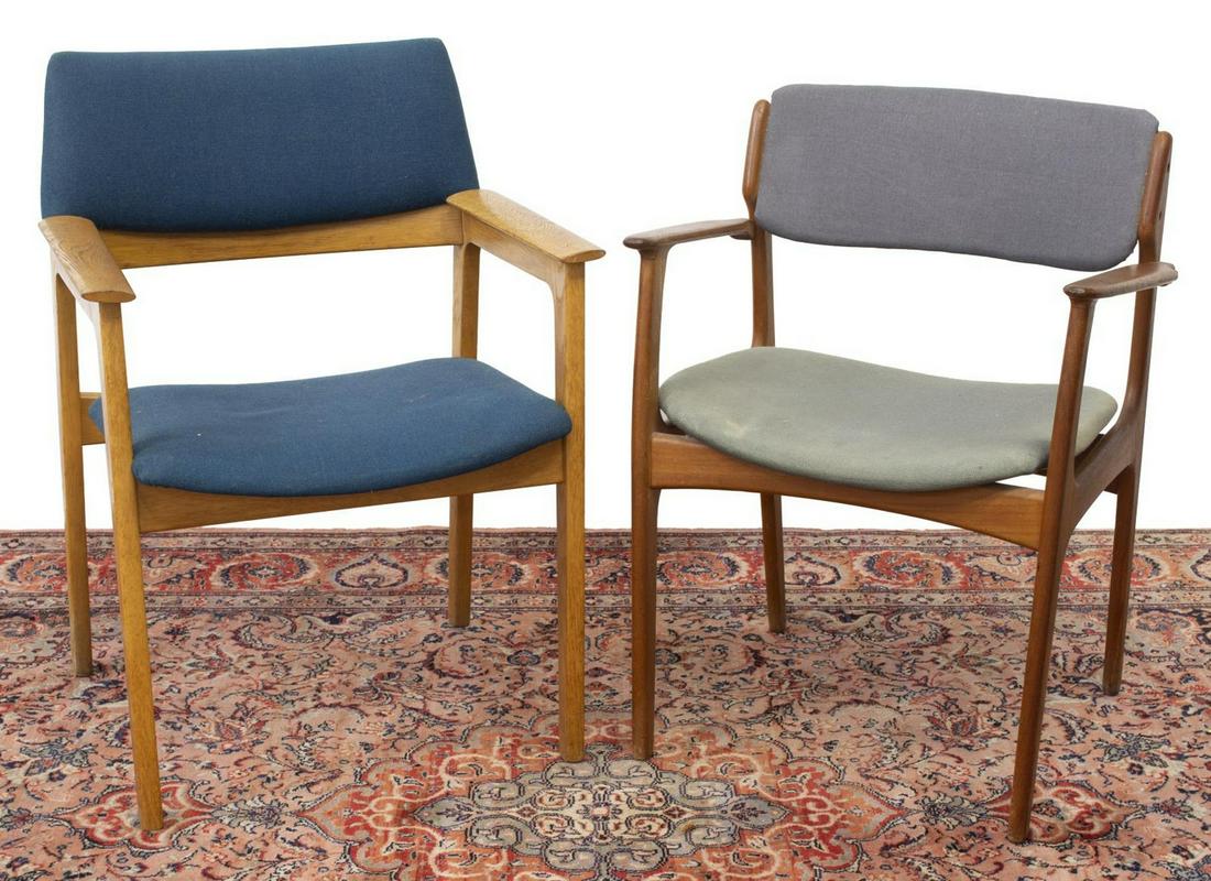 2) DANISH MID-CENTURY MODERN UPHOLSTERED ARMCHAIRS: (lot of 2) Danish mid-century modern armchairs, c.1960s-1970s, each having upholstered back and seat, comprising: (1) designed by Erik Buch (Danish, 1923-1982) for Oddense Maskinsnedkeri A-S, with tea