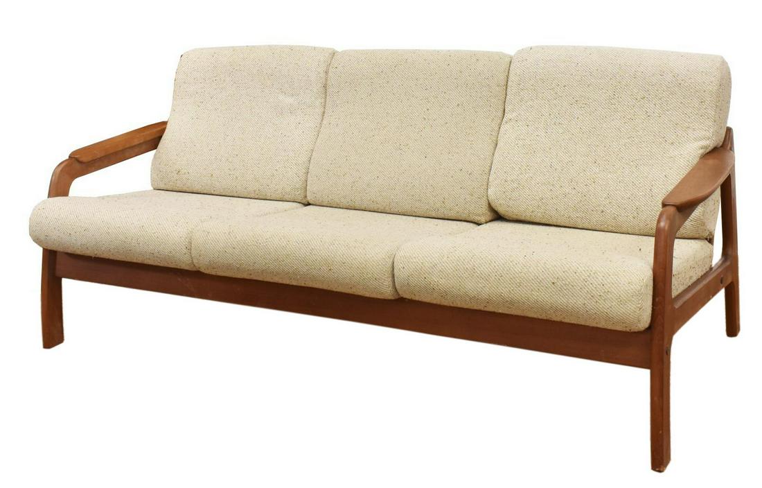 DANISH MID-CENTURY MODERN 3-SEAT TEAK FRAME SOFA: Danish mid-century modern three-seater sofa, c.1960s, teak frame with ladder back, tan upholstered removable back and seat cushions, approx 32"h, 77"w, 32"d Start Price: $250.00