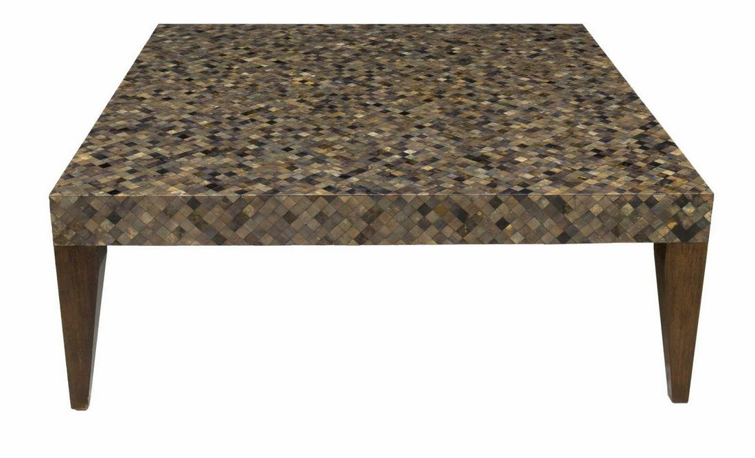 MODERN MOSAIC ACRYLIC TILE COFFEE TABLE, 47"SQ.: Modern coffee table, 20th c., the top and sides with acrylic tile mosaic, rising on tapered squared legs, approx 18"h, 47.25"w, 47.25"w Start Price: $60.00