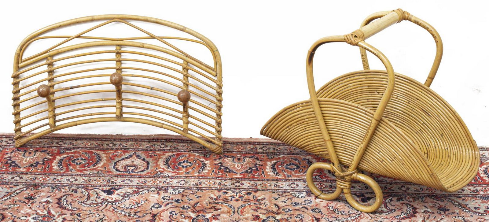 (2) VINTAGE BAMBOO HAT RACK & MAGAZINE HOLDER: (lot of 2) Vintage bamboo housewares, 20th c., including: (1) hat rack, with three hooks, approx 17"h, 26"w, (1) magazine rack, turned handle, folded sides, joined loop legs, approx 20"h, 12"w, 25"d S