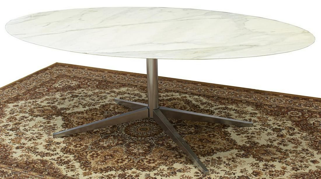 FLORENCE KNOLL OVAL MARBLE TOP TABLE DESK: Mid-century modern table, designed by Florence Knoll (American, 1917-2019) for Knoll, last half 20th c., oval marble top, over steel pedestal base, label reading made in Italy to underside of top, sma