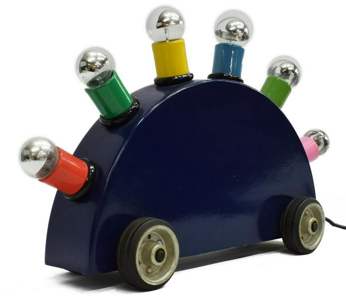 MARTINE BEDIN (B.1957) MEMPHIS SUPER LAMP, 1981: Super lamp, designed by Martine Bedin (French, b.1957) for Memphis Milano, 1981, six lights, on wheels, label underfoot, no. 36, scratch to one side of base, some light wear and oxidation to wheels, c