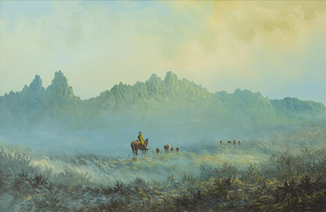 LESTER HUGHES (TX, B.1940) CATTLE DRIVE PAINTING: Framed oil on canvas painting, Mountain Landscape with Cattle Drive, signed lower left Lester Hughes (Texas, b.1940), sight: approx 23.5"h, 35.5"w, overall: approx 29.25"h, 41.25"w, 7.75lbs Start Pric