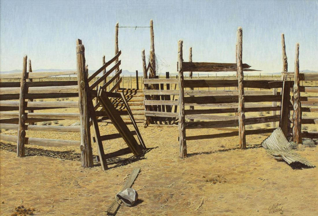 ELLIOT MEANS (TX, 1904-1962) 'CORRAL' OIL PAINTING: Framed oil on Masonite painting, "Corral," signed lower right Elliott Means (Elliott Anderson Means, Texas, 1904-1962), dated 1960, titled verso, sight: approx 21.25"h, 32.25"w, overall: approx 30.5"h