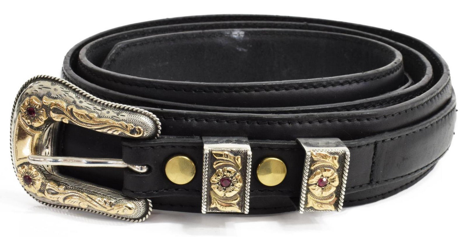 HOLLAND'S WESTERN RANGER STERLING & 14KT BUCKLE: Western Ranger style sterling silver and 14kt yellow gold belt buckle, Holland's, San Angelo, Texas, with rope border, floral motif, four red stones, stamped 105, on 3D black leather belt, marked size