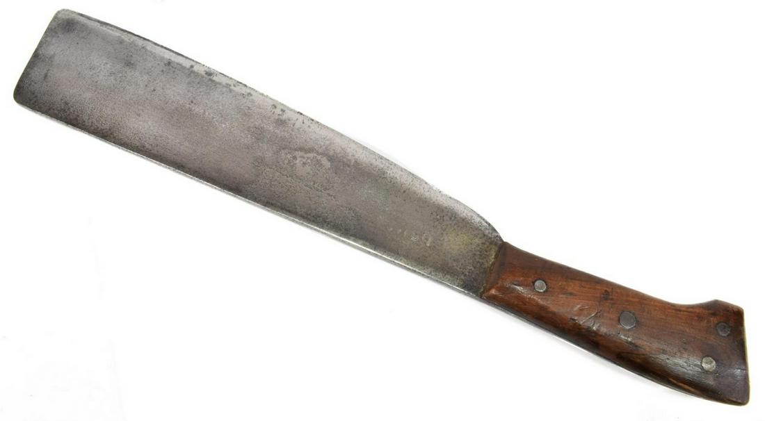 US MARINE CORPS WWII COLLINS BOLO KNIFE: United States Marine Corps bolo knife, model No. 1001, Collins & Co, Hartford, Ct., 11.5"l, 2.75"w blade marked at one side U.S.M.C., wood handle, overall: 16.5:l, retaining worn canvas, leather and s