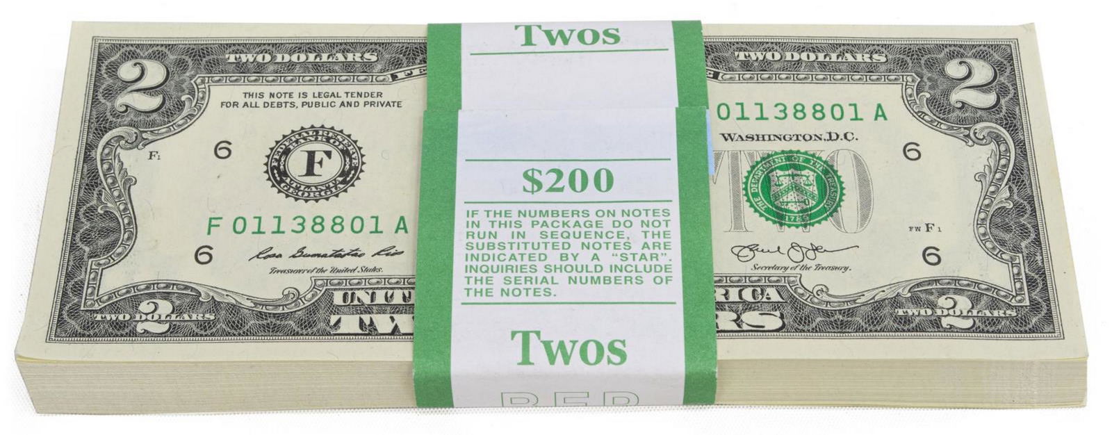 (100) U.S. TWO-DOLLAR BILLS, CONSEC SNs, UNCIRC.: (lot of 100) U.S. two-dollar bills, uncirculated, all consecutive serial numbers, Series 2013, Federal Bank of Atlanta Start Price: $250.00