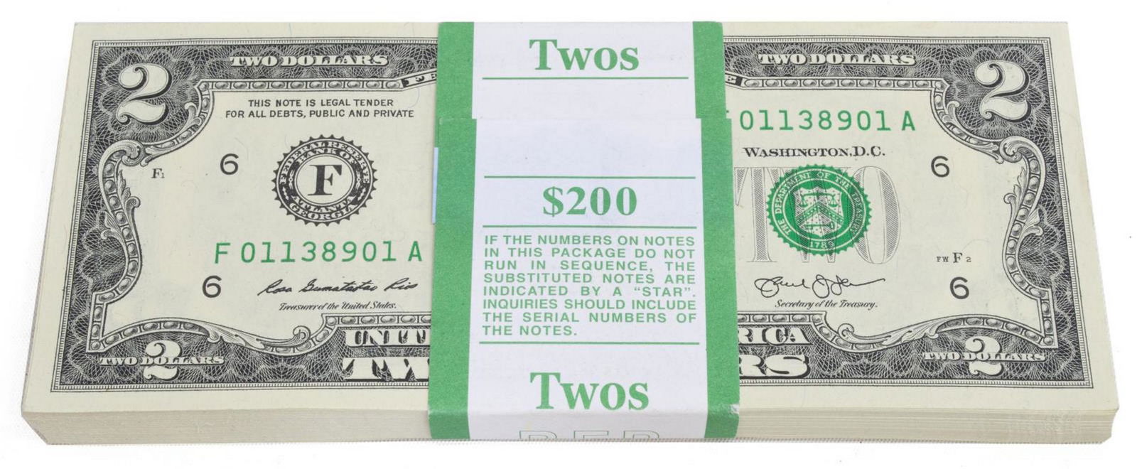 (100) U.S. TWO-DOLLAR BILLS, CONSEC SNs, UNCIRC.: (lot of 100) U.S. two-dollar bills, uncirculated, all consecutive serial numbers, Series 2013, Federal Bank of Atlanta Start Price: $250.00