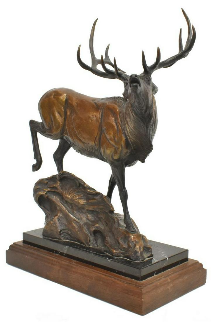 KENT ULBERG (B.1945) BRONZE ELK 'MOUNTAIN CALLS': Patinated bronze sculpture, "Mountain Calls," signed Ullberg (Kent Ullberg, Swedish-American, b.1945), numbered 47/ 50, rising on inset marble, wood base, approx 14.25"h, 10.25"w, 5.25"d, 11.75lbs Sta