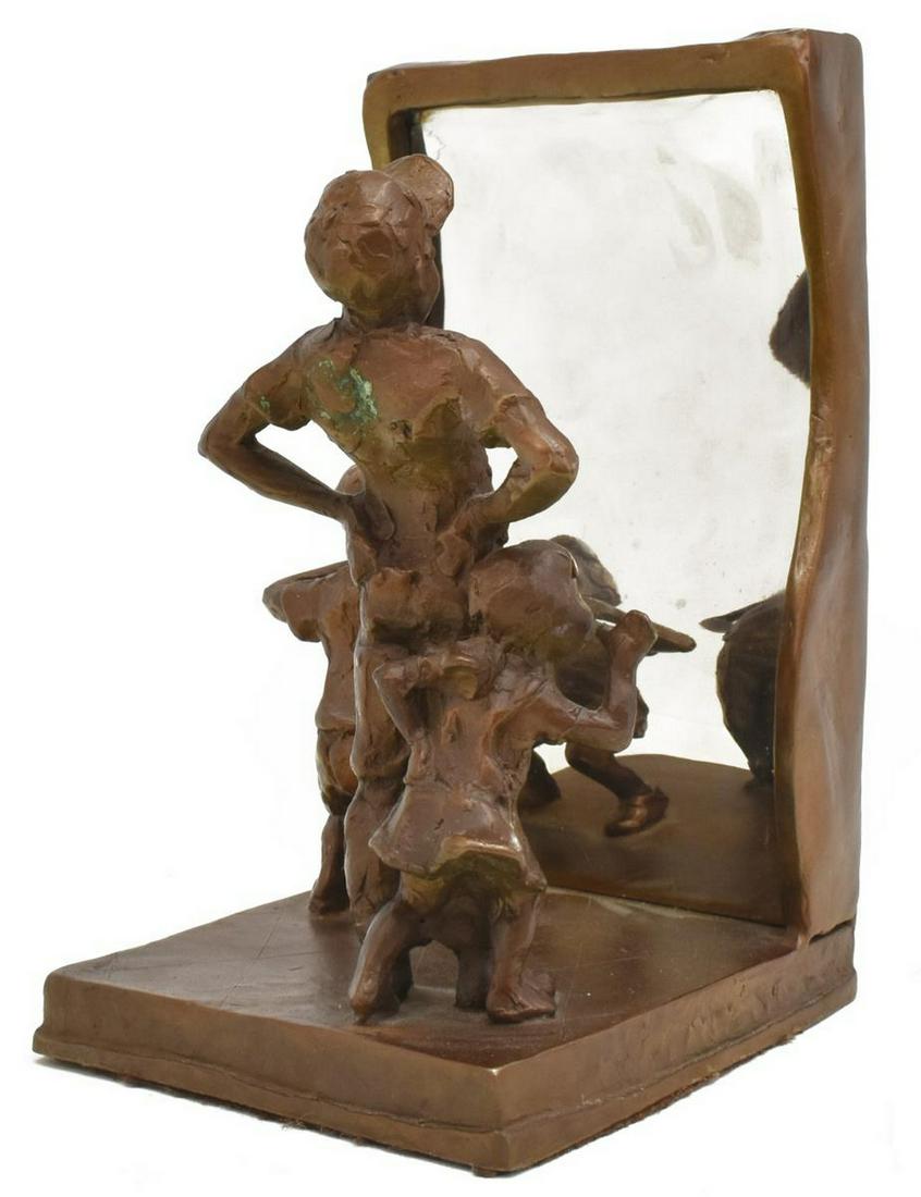 JANE DEDECKER (B.1961) BRONZE CHILDREN SCULPTURE: Patinated bronze sculpture, "Fun House Mirror," Jane DeDecker (Colorado, Iowa, b.1961), numbered 21/ 21, dated 1992, approx 8.5"h, 5.5"w, 5"d, 9lbs Start Price: $200.00