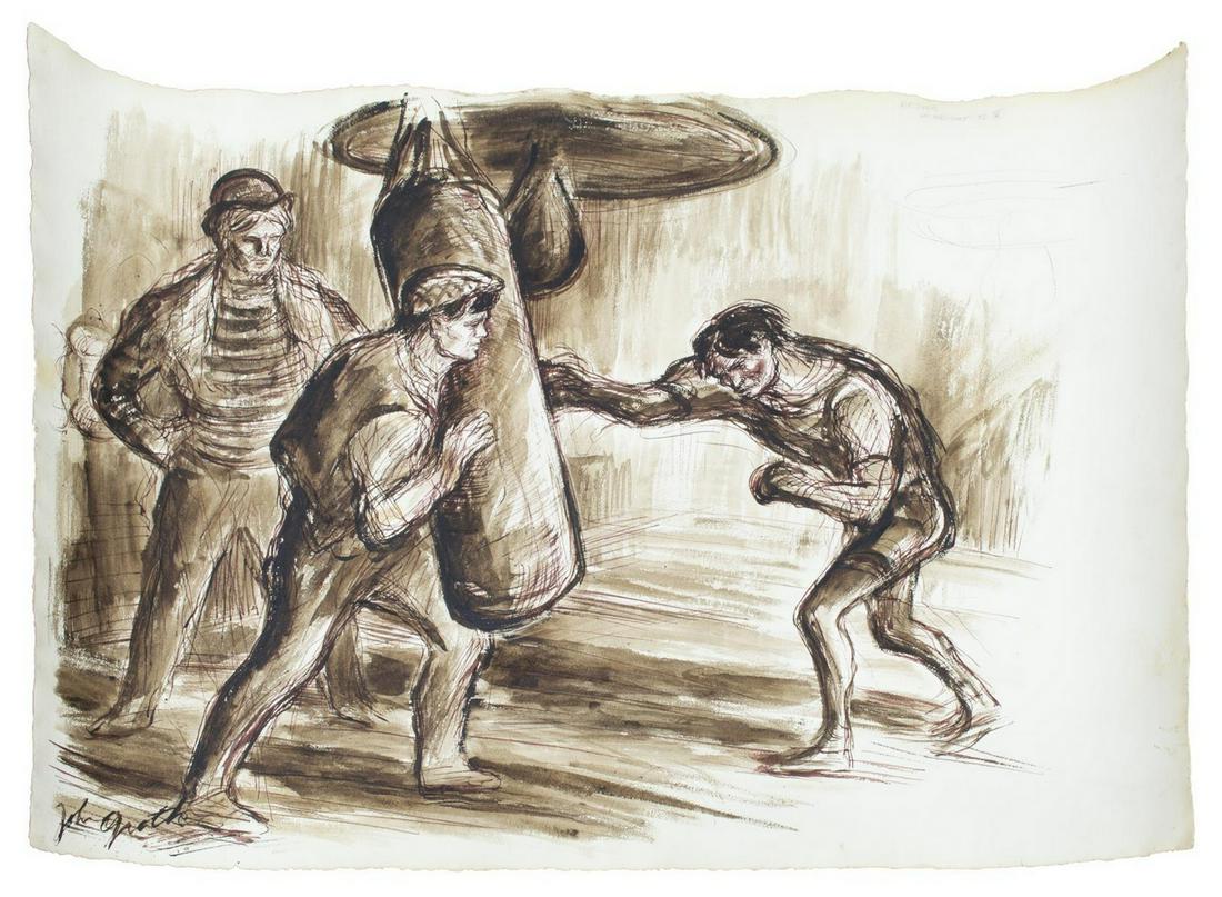 JOHN GROTH (1908-1988) BOXER & PUNCHING BAG: Unframed ink and watercolor drawing on paper, Boxer and Punching Bag, signed lower left John Groth (Illinois, New York, Texas, 1908-1988), 27.25"h, 40.25"w *Note: John Growth, artist-correspondent, wo