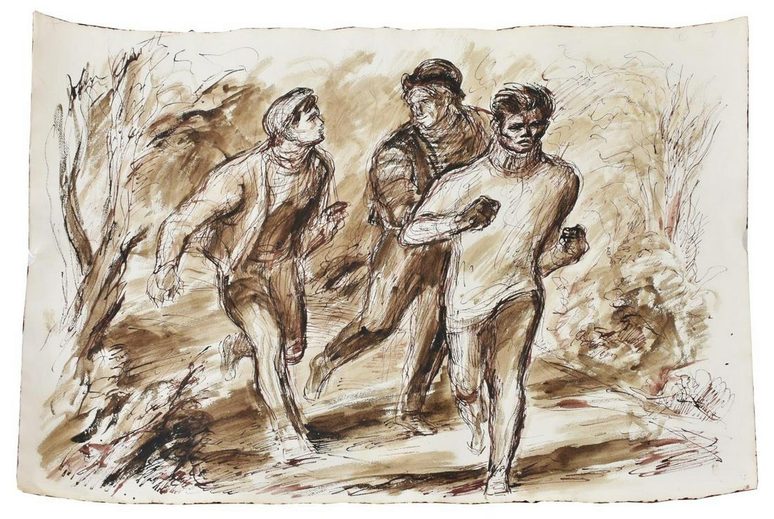 JOHN GROTH (1908-1988) BOXER TRAINING RUN: Unframed ink and watercolor drawing on paper, Boxer Training Run, signed upper left John Groth (Illinois, New York, Texas, 1908-1988), 27.25"h, 40.25"w *Note: John Growth, artist-correspondent, worked