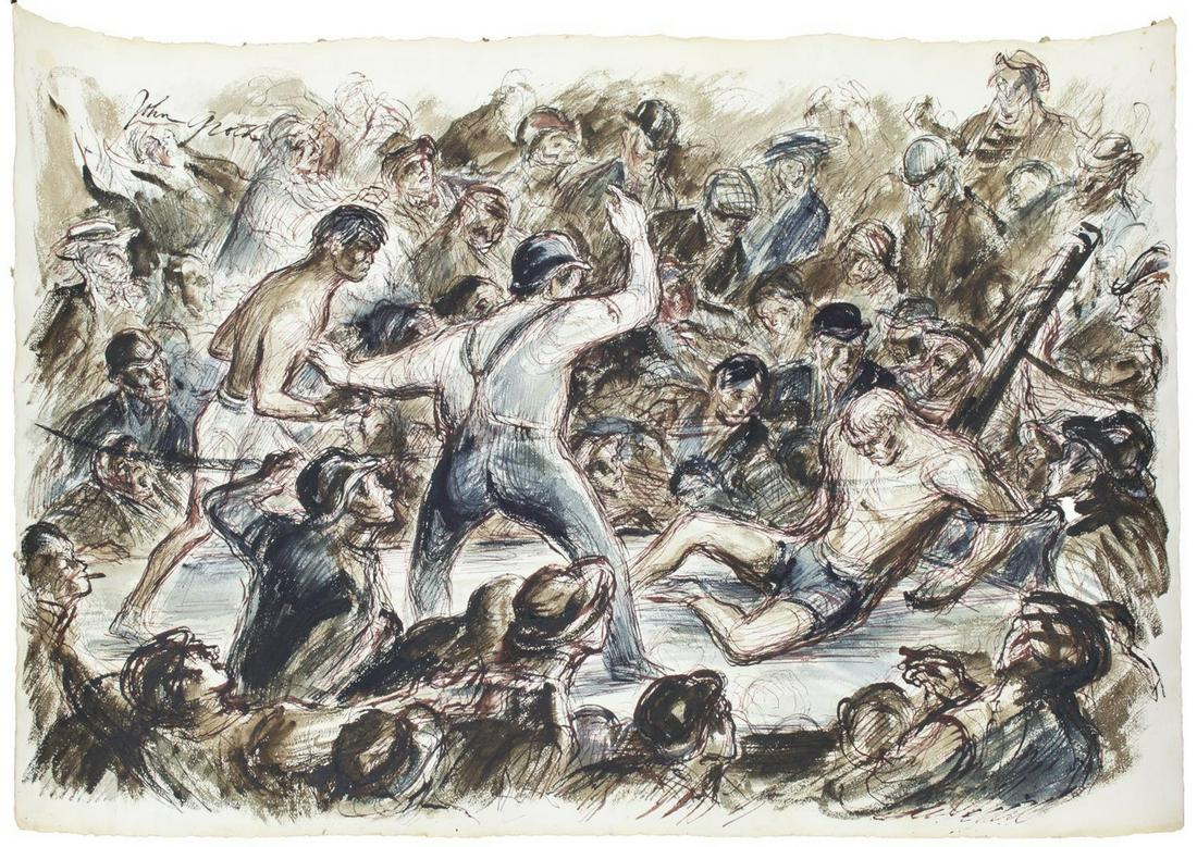 JOHN GROTH (1908-1988) THE BOXER & THE FIGHT: Unframed ink and watercolor drawing on paper, The Boxer and The Fight, signed upper left John Groth (Illinois, New York, Texas, 1908-1988), 27.25"h, 40.5"w *Note: John Growth, artist-correspondent, wo
