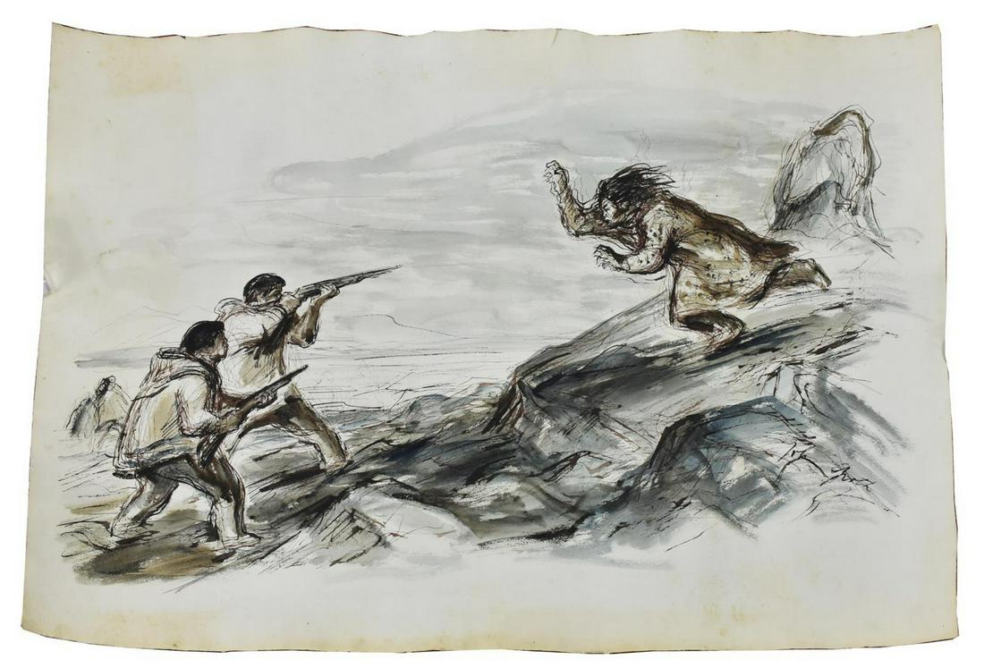 JOHN GROTH (1908-1988) INUIT STORY III: Unframed ink and watercolor drawing on paper, Inuit Story III, signed lower right John Groth (Illinois, New York, Texas, 1908-1988), 27"h, 40"w *Note: John Growth, artist-correspondent, worked as a WP