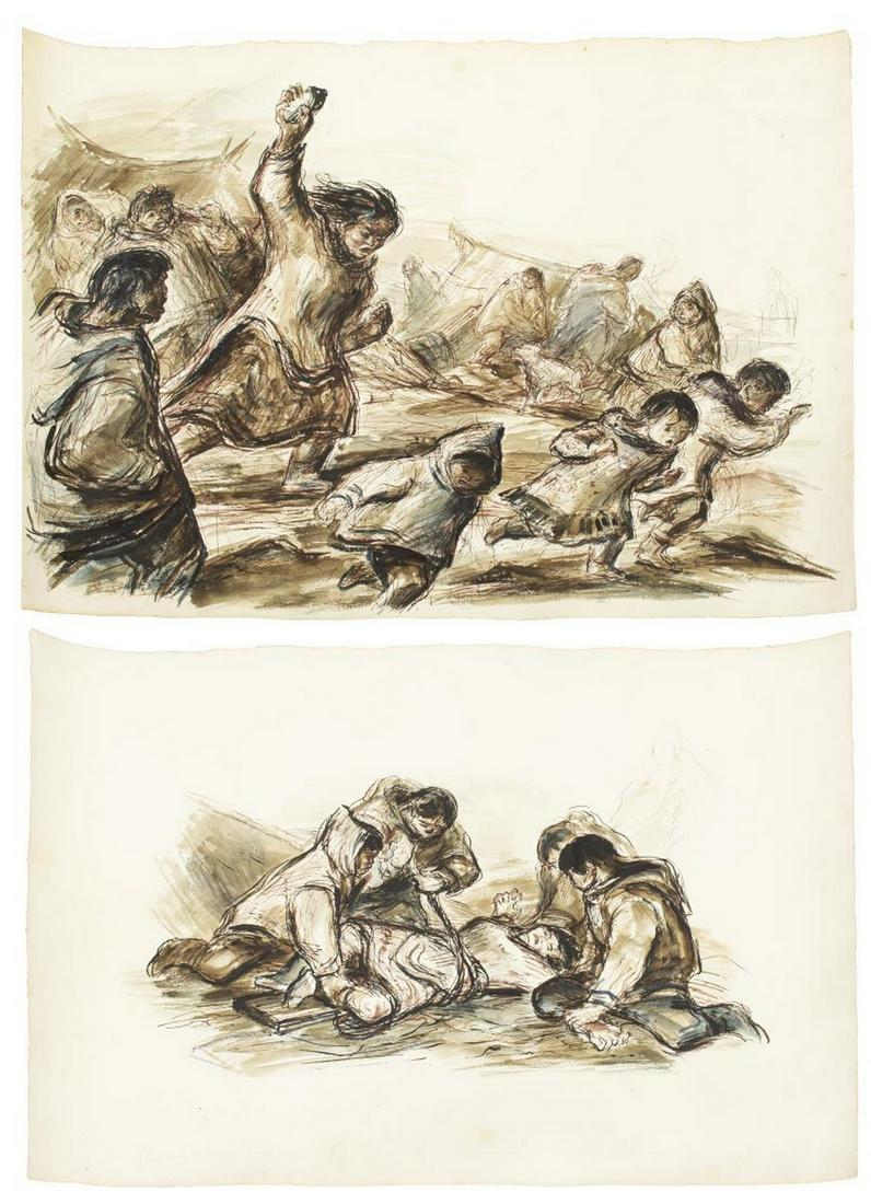 (2) JOHN GROTH (1908-1988) INUIT STORY II: (lot of 2) Unframed ink and watercolor drawings on paper, Inuit Story II, unsigned, John Groth (Illinois, New York, Texas, 1908-1988), largest: 27"h, 40"w *Note: John Growth, artist-correspondent, wor