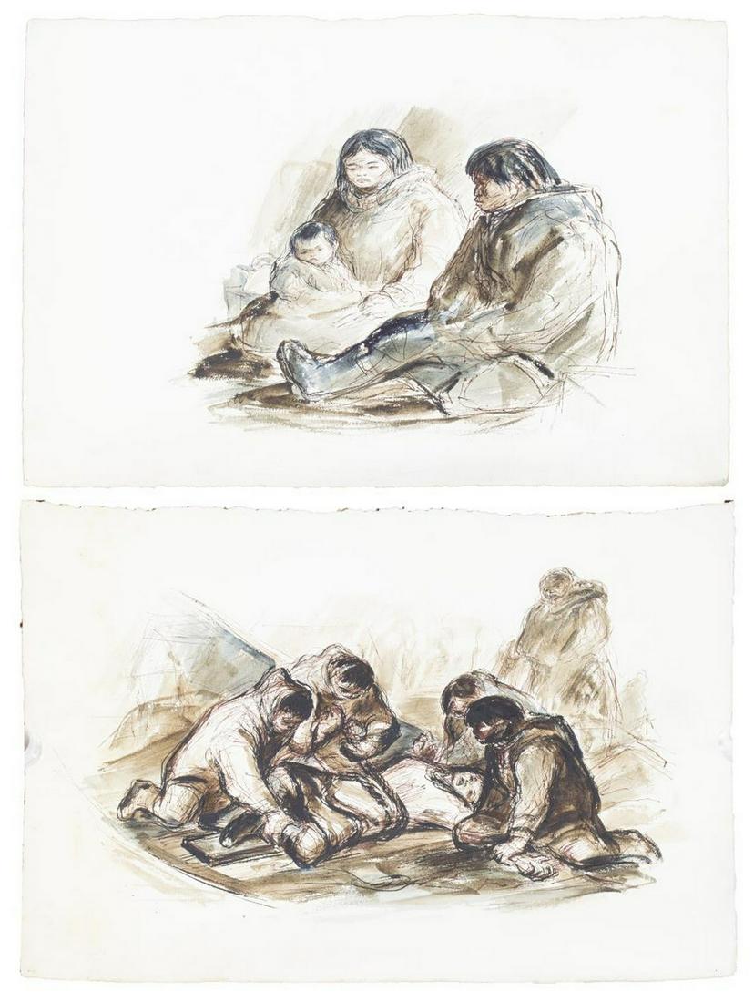 (2) JOHN GROTH (1908-1988) INUIT STORY I: (lot of 2) Unframed ink and watercolor drawings on paper, Inuit Story I, unsigned, John Groth (Illinois, New York, Texas, 1908-1988), largest: 22.5"h, 31"w *Note: John Growth, artist-correspondent, wo