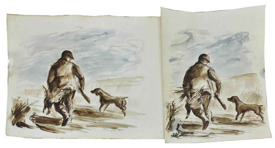 (2) JOHN GROTH (1908-1988) HUNTER, DOG & GEESE: (lot of 2) Unframed ink and watercolor drawings on paper, Hunter, Dog and Geese, the largest signed lower right John Groth (Illinois, New York, Texas, 1908-1988), largest: 27"h, 40"w, smallest: 24"h,
