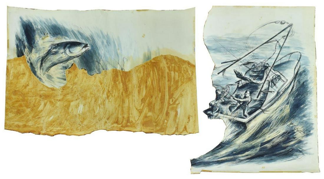(2) JOHN GROTH (1908-2008) FISHING PARTY: (lot of 2) Unframed ink and watercolor drawings on paper, a single drawing cut out in two parts for illustration publication use, Fishing Party, one signed lower right John Groth (Illinois, New York,