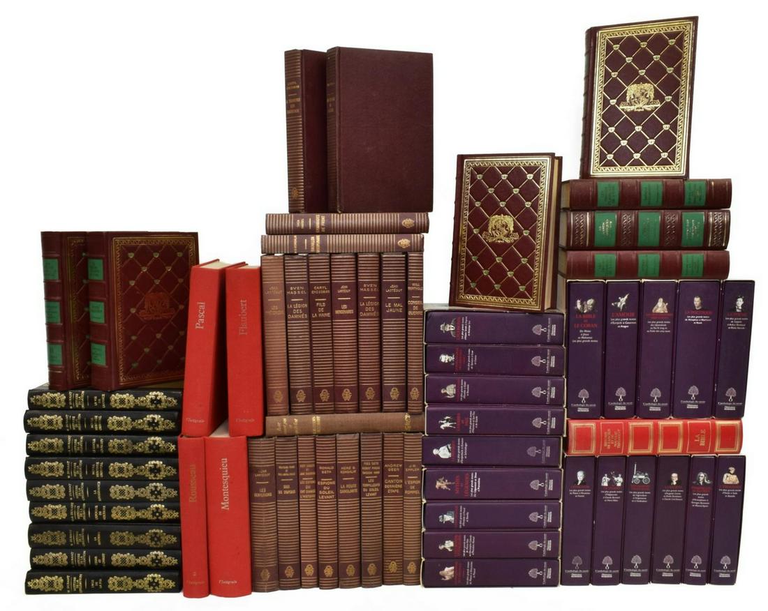 (61) COLLECTION OF FRENCH LIBRARY SHELF BOOKS: (lot of 61) Collection of French library shelf books, 20thc., many having gilt embossed spines, some with leather binding, highlights include: (7) "Les Grands Classiques De L'Inue - Sa Divine Grace A.