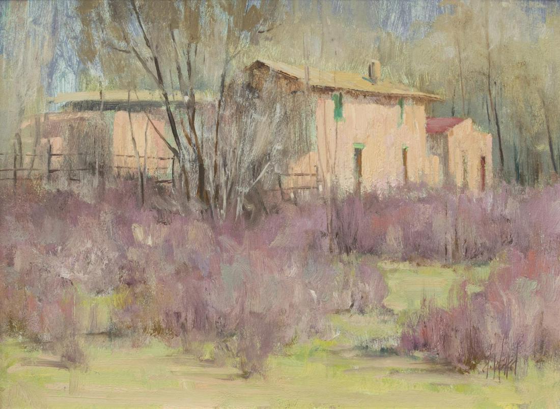 DON WARD (B.1947) TAOS HOUSE, 12" x 16": Framed oil painting on Masonite, Taos House, signed lower right Don Ward (New Mexico, b.1947, sight: 11.25"h, 15.5"w, overall: 20.75"h, 15"w, 7.75lbs Start Price: $150.00