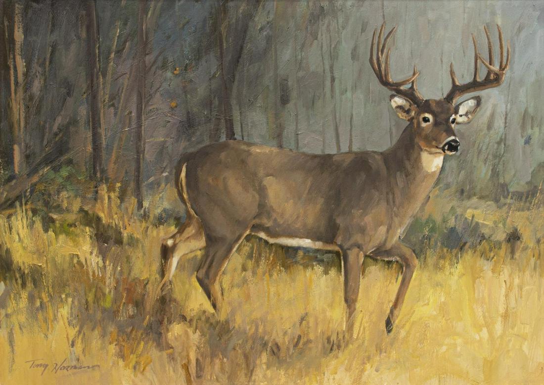 TONY HERMAN WHITE-TAILED DEER PAINTING: Framed oil on Masonite painting, White-tailed Deer, signed lower left Tony Herman or Harman (?), sight: approx 17.75"h, 27.75"w, overall: approx 28"h, 38"w, 12.5lbs Start Price: $100.00