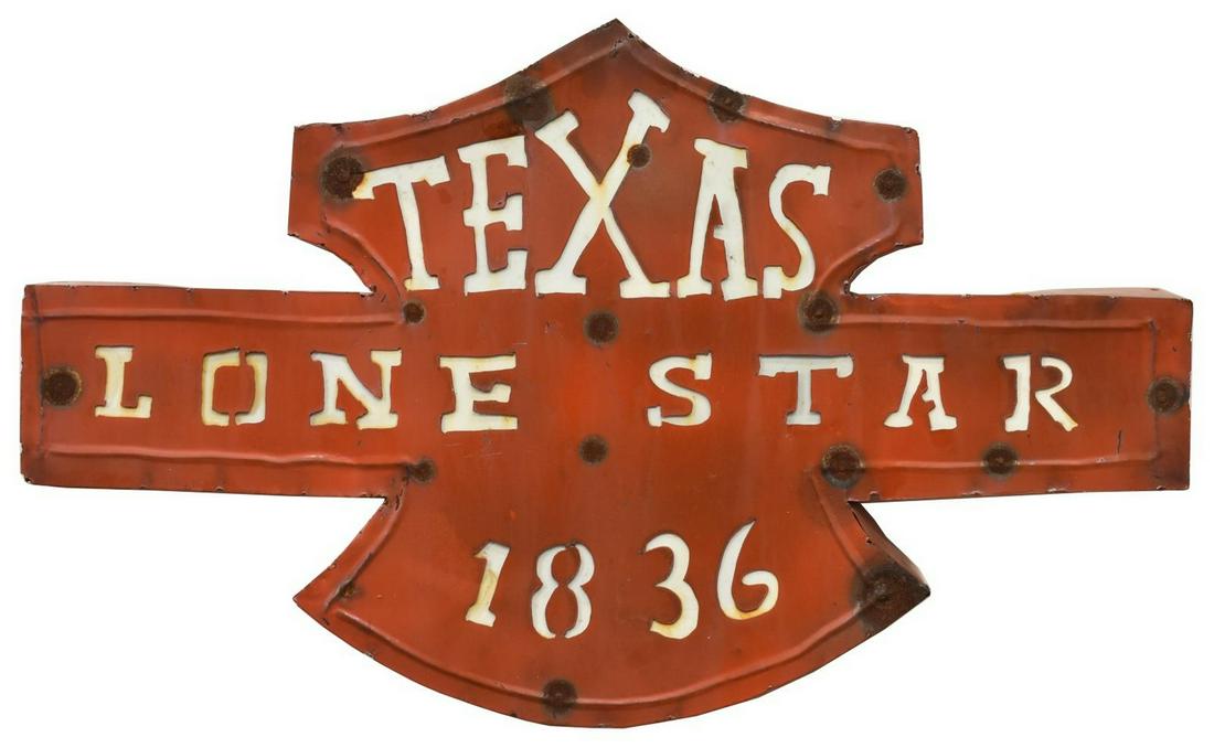 'TEXAS LONE STAR 1836' METAL SIGN: Texas metal sign, in red paint with white cutout metal letters, "Texas Lone Star 1836," some rust, approx 18"h, 29.75"w, 2.25"d, 4.25lbs Start Price: $200.00