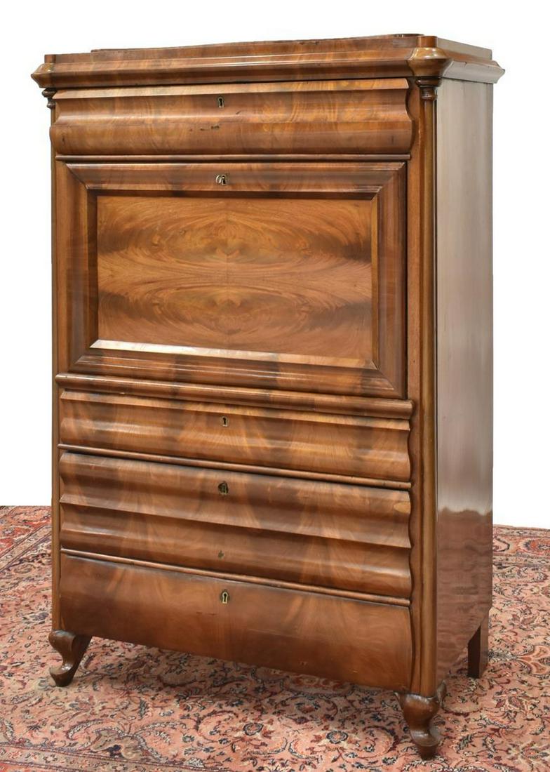 DANISH BIEDERMEIER MAHOGANY FALL FRONT SECRETARY: Danish Biedermeier style mahogany secretary, late 19th c., stepped top over single drawer, fall-front desk, well-appointed interior gallery with drawers, small cabinet, and pull-out writing surface, f