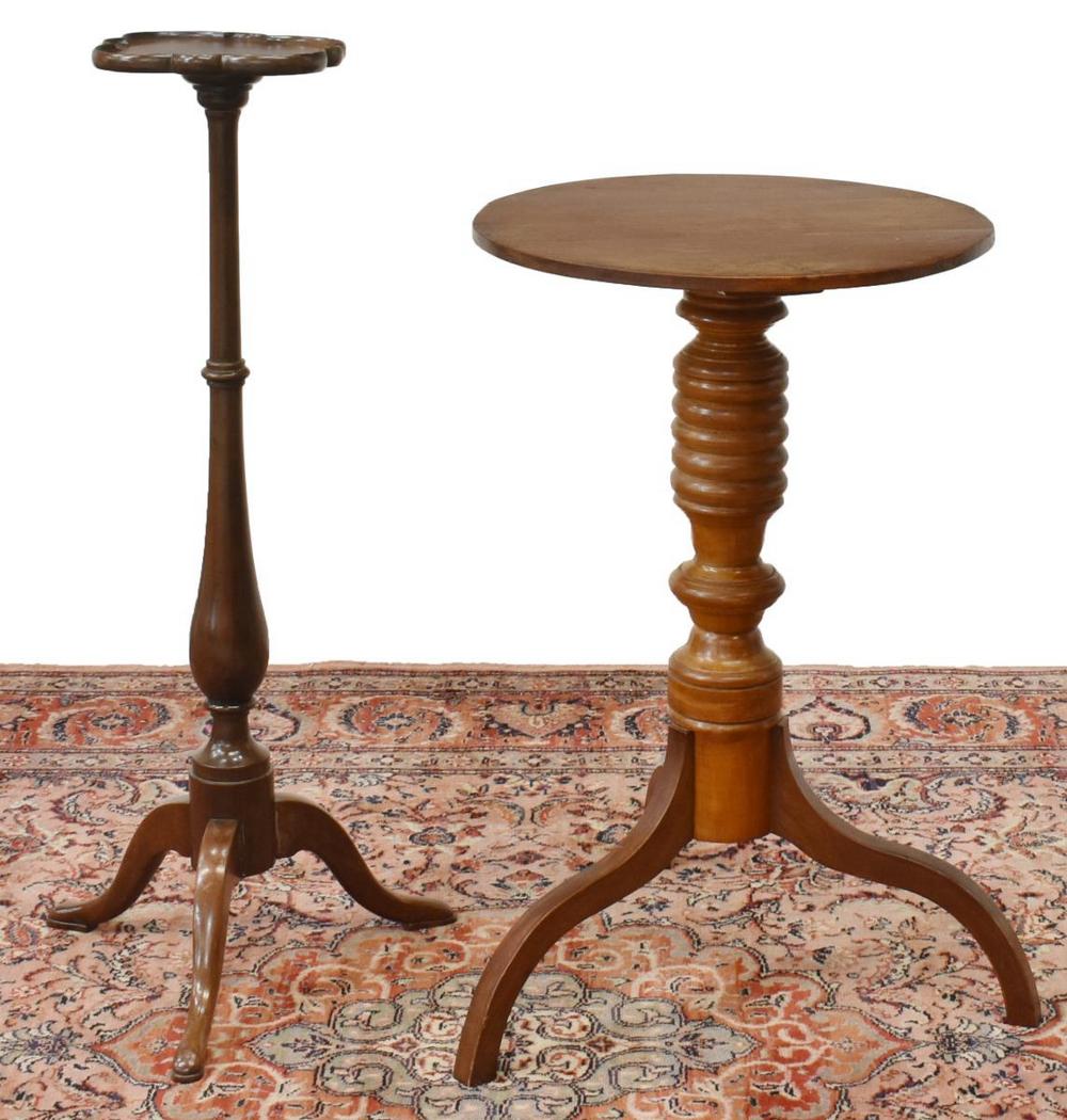 (2) QUEEN ANNE STYLE & AMERICAN STANDS/ SIDE TABLE: (lot of 2) Stands, including: (1) Queen Anne style mahogany candle stand, with lobed quatrefoil top, turned standard, three legs ending in snake feet, approx 33.75"h, 15.25"w, (1) American Federal sty