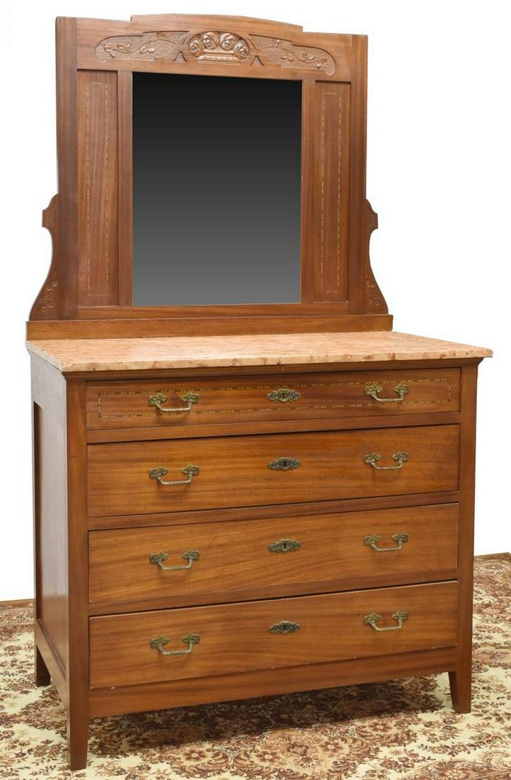 ITALIAN ART NOUVEAU MARBLE-TOP COMMODE & MIRROR: Italian Art Nouveau commode and mirror, early 20th c., backsplash having carved foliate motifs, beveled plate mirror, over marble top, case fitted with four drawers, contrasting stringwork, rising on