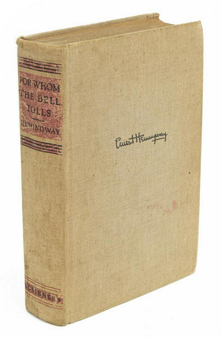 'FOR WHOM THE BELL TOLLS' HEMINGWAY, 1ST EDITION: Book: "For Whom the Bell Tolls," Ernest Hemingway (1899-1961), Charles Scribner Sons, New York, 1940, first edition, first printing, the copyright page with 'A,' 471 pages, worn light color cloth, app