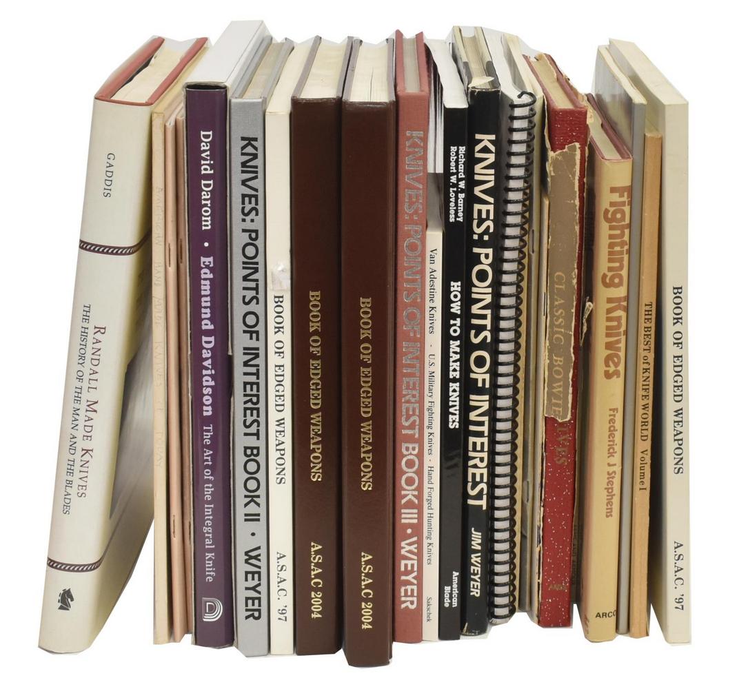 (23) BOOKS: HISTORICAL KNIVES, BOWIE, BAYONETS: (lot of 23) Collection of books, comprising: (1) "Edmund Davidson: The Art of the Integral Knife," David Darom, 2008, colored illustrations, 143 pages; (1) "Blades 'N Stuff, Catalog and Instruction Ma
