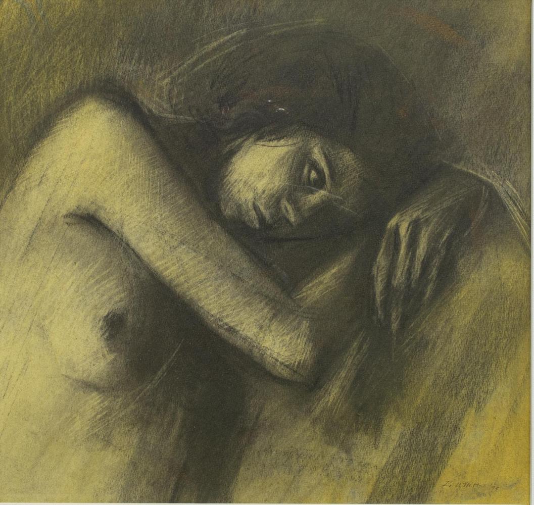 RALPH E. WHITE JR. (TEXAS, 1921-2004) NUDE WOMAN: Framed pastel drawing on paper, Nude Woman, Contemplation, signed lower right R. White (Ralph Ernest White Jr., Texas, Minnesota, 1921-2004), dated 1973, sight: 16"h, 16.25"w, overall: 21.5"h, 22"w, 6