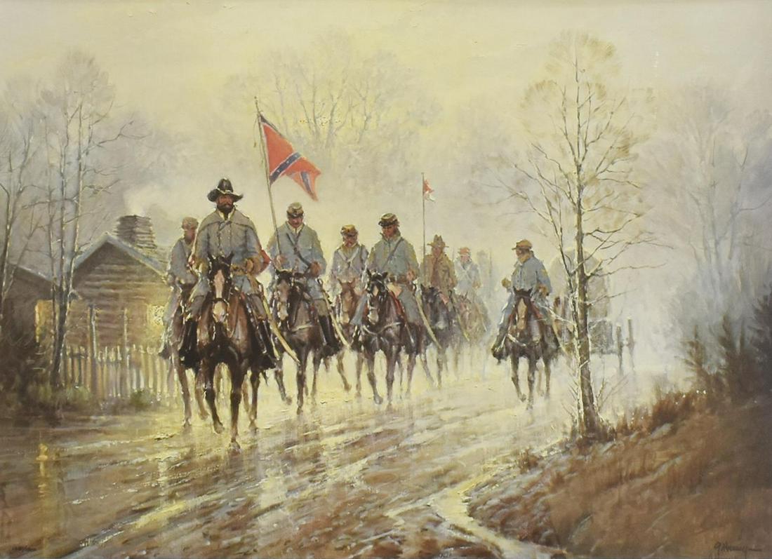 G. HARVEY SIGNED PRINT HORSES FOR THE CONFEDERACY: Framed limited-edition signed print, "Horses For the Confederacy," signed lower right G. Harvey (Gerald Harvey Jones, 1933-2017), numbered 1281/ 1800, sight: approx 19"h, 26.5"w, overall: approx 30.5"