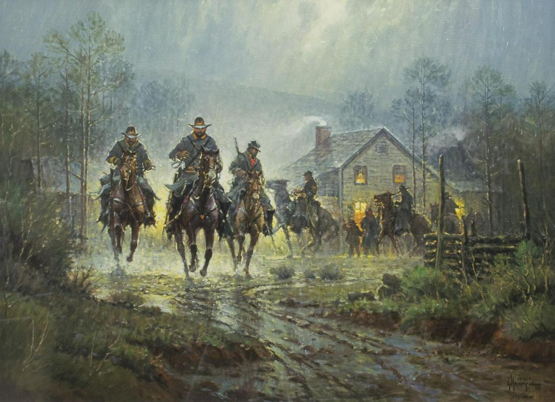 G. HARVEY SIGNED CIVIL WAR CONFEDERACY ART PROOF: Framed limited-edition signed print, "The Gray Ghost of the Confederacy," signed lower right, G. Harvey (Gerald Harvey Jones, 1933-2017), numbered AP (artist's proof) 175/ 250, sight: approx 19.25"h, 