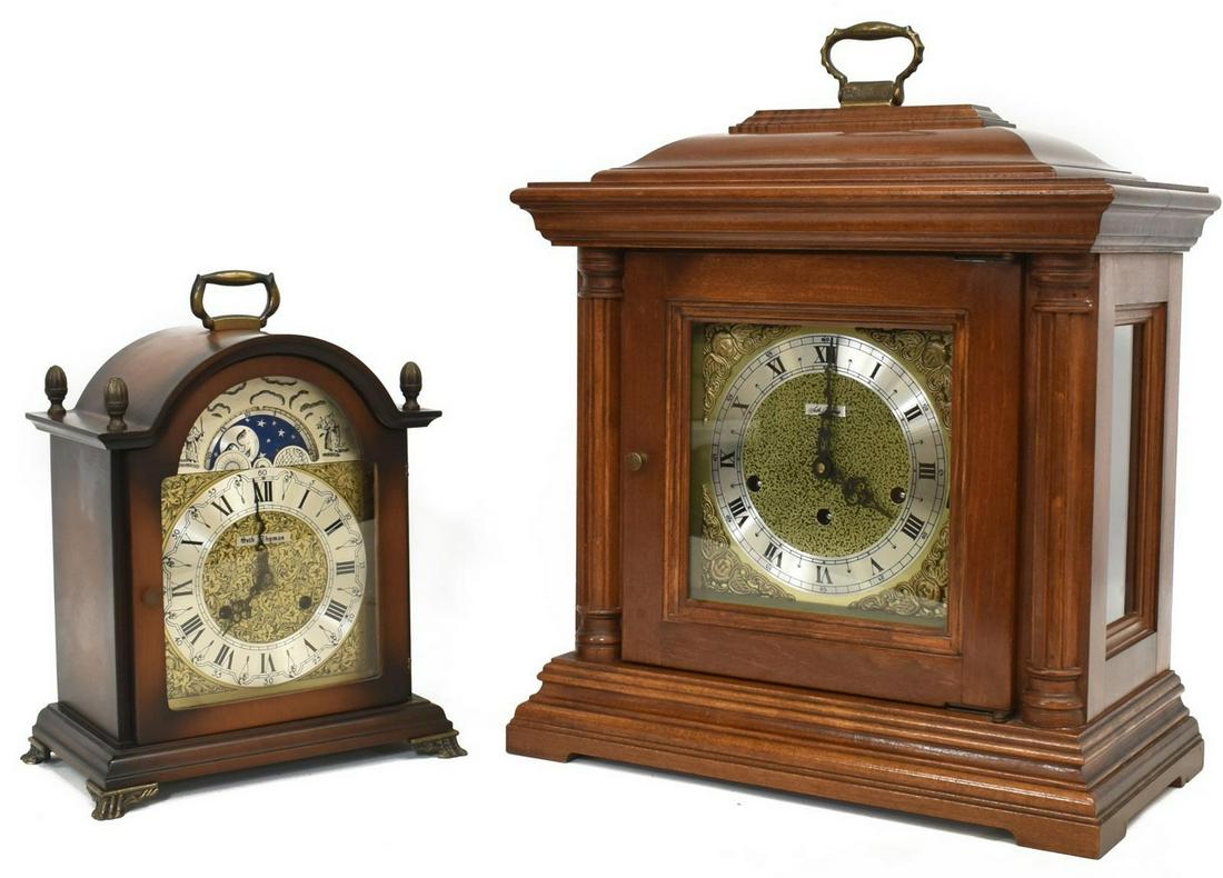 (2) AMERICAN SETH THOMAS BRACKET MANTEL CLOCKS: (lot of 2) American Seth Thomas bracket mantel clocks, each with wood case, retaining key, comprising: (1) having time, strike and chime movement, stepped molded cornice with metal handle to top, over