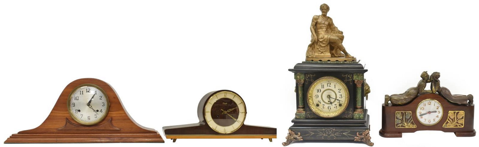 (4) KIENZLE, SETH THOMAS & OTHER MANTEL CLOCKS: (lot of 4) Collection of mantel clocks, comprising: (1) German Mid-century modern Kienzle clock, mid 20thc., shaped case in dark finish, having time and strike movement, Arabic numerals on white groun