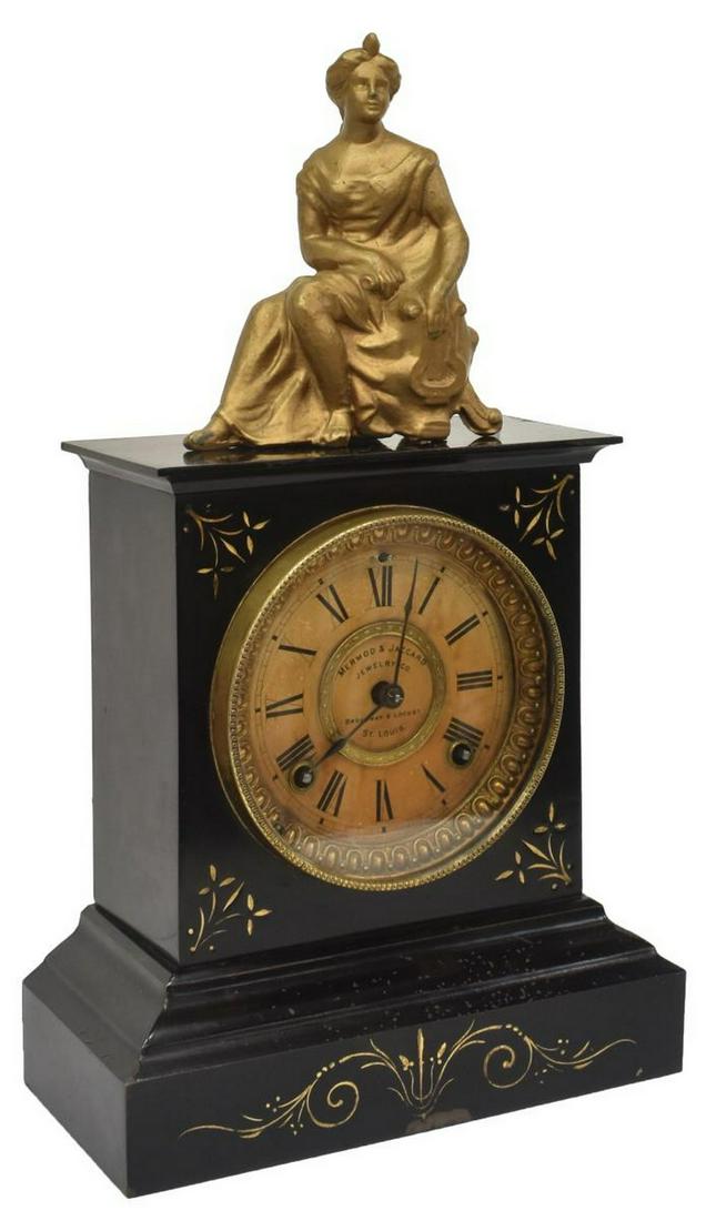 ANSONIA NY FIGURAL CAST IRON SHELF CLOCK: American mantel shelf clock, Ansonia Clock Company, New York, retailed by Mermod & Jaccard Jewelry Co., Broadway and Locust, St. Louis, c.1900, figural topper of a classically dressed woman with lyre 
