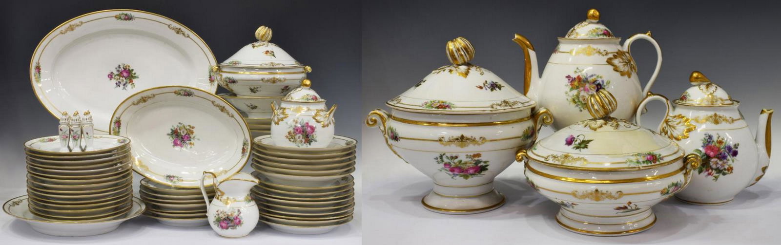51) OLD PARIS PARCEL GILT PORCELAIN DINNER SERVICE: (lot of 51) Parcel gilt porcelain dinner service and unassociated extras, including: (set) Old Paris porcelain, having fruited knops, gilt accents and transfer floral decoration, with (31) dinner plat