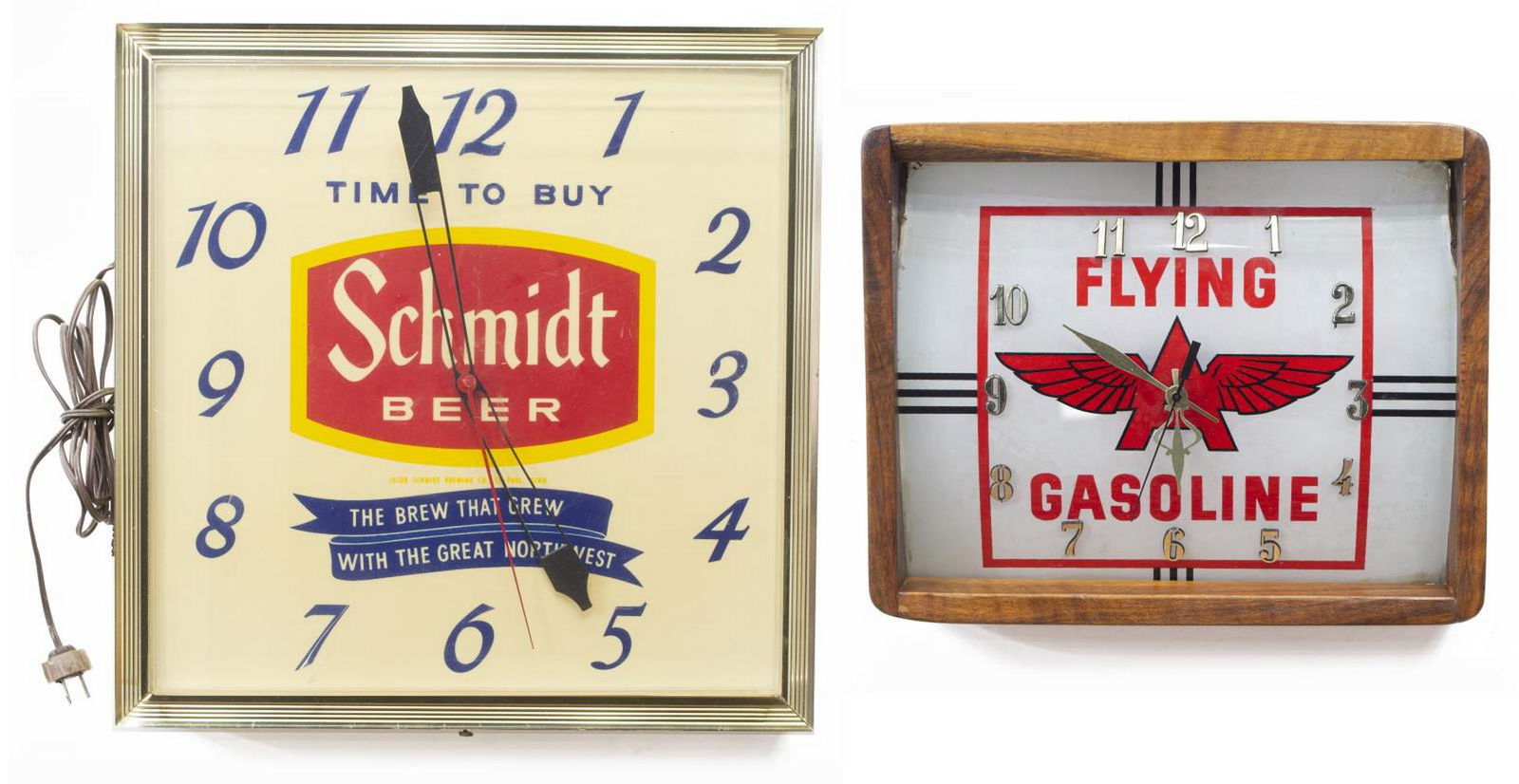 (2) FLYING A GAS & SCHMIDT BEER ADVERTISING CLOCKS: (lot of 2) Vintage advertising wall clocks, 20th c., including: (1) Flying A Gasoline curved glass pump ad, now fashioned as a clock dial, with stenciled logo, metal Arabic numerals, battery-operated