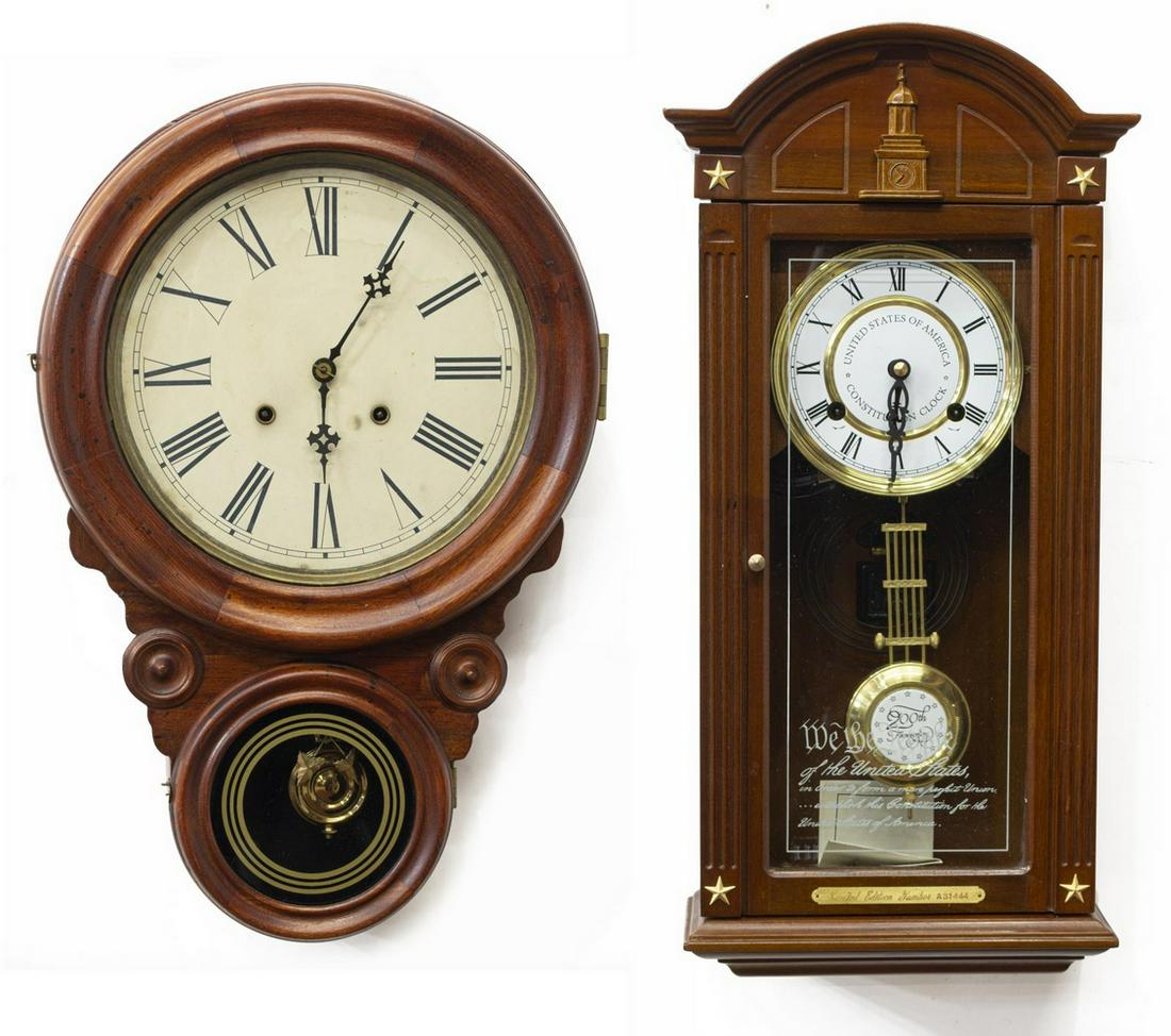 (2) VICTORIAN STYLE & CONSTITUTION WALL CLOCKS: (lot of 2) Wall clocks, 20th c., including: (1) Victorian style circular drop clock, circular molded frame with glazed door, paper dial with roman numerals, time and strike movement, short drop with g