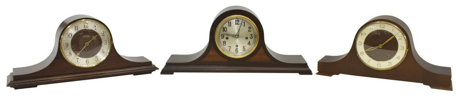(3) WEST GERMANY, WELBY & HERSCHEDE MANTEL CLOCKS: (lot of 3) Mantel clocks, 20thc., each in shaped case, retaining key, comprising: (1) Western Germany clock, manufactured for Sears Roebuck & Co. having time and strike movement, Arabic numerals on wh