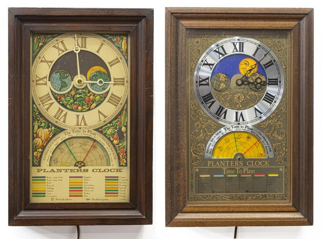2) VINTAGE TIME TO PLANT PLANTER'S ELECTRIC CLOCKS: (lot of 2) Vintage Time to Plant Planter's clocks, 20th c., manufactured by Mechtronics Corp., Stamford, Connecticut, with moon phase and calendar dials, largest: approx 17"h, 11.5"w, 4.5"d; 14lbs tot