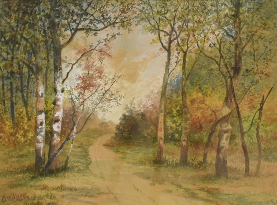 A.W. MOORE WATERCOLOR PAINTING BIRCH-LINED PATH: Framed watercolor and gouache painting on board, Birch-lined Path, signed lower left A.W. Moore, attributed to Arthur Moore (English, 1840-1913), sight: approx 13.75"h, 19"w, overall: approx 24.5"h, 3