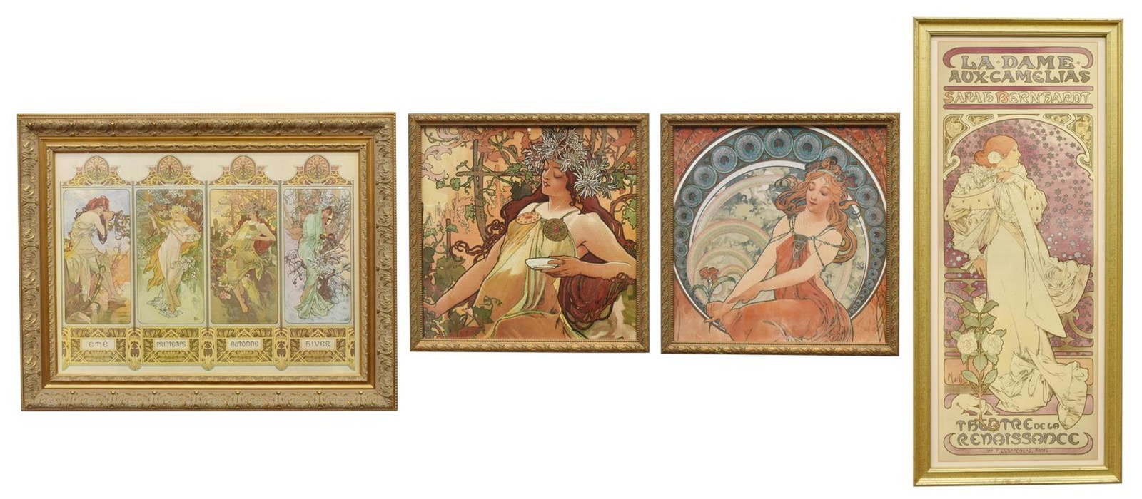 (4) AFTER ALPHONSE MUCHA ART NOUVEAU STYLE PRINTS: (lot of 4) Framed Art Nouveau style prints on paper behind glass, after Alphonse Mucha (Czech, 1860-1939) highlights include: (1) "La Dame Aux Camelias," signed lower right in print Mucha, sight: appr