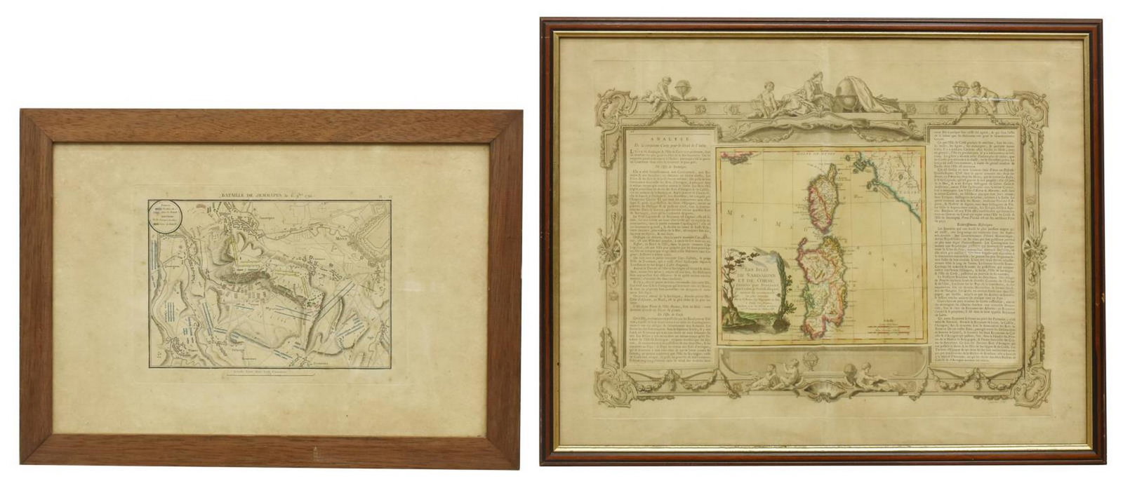 2) FRENCH 18TH C MAPS JEMMAPES, SARDINIA & CORSICA: (lot of 2) Antique French maps on paper, including: (1) "Bataille de Jemmapes le 6 9bre 1792" (Battle of Jemappes 6 November 1792), sight: approx 10.25"h, 15.25"w, overall: approx 12.5"h, 17.5"w, (1) 