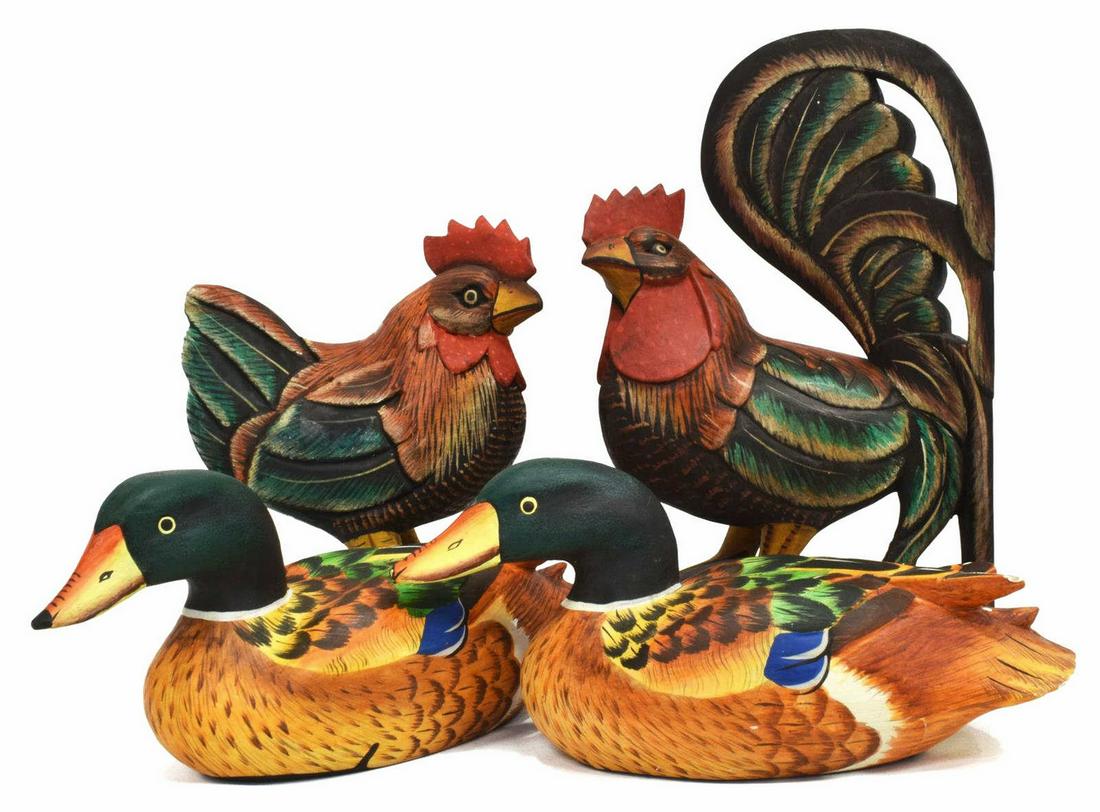 (2) INDONESIAN CARVED & PAINTED ROOSTERS & DUCKS: (lot of 4) Indonesian carved wood painted birds, comprising: (1) fan-tailed rooster, approx 13"h, 8"w, 4"d; (1) hen, approx 9.5"h, 8"w, 3.5"d; (2) ducks/ mallards, each approx 5.5"h, 12"w, 4.5"d; 4.75