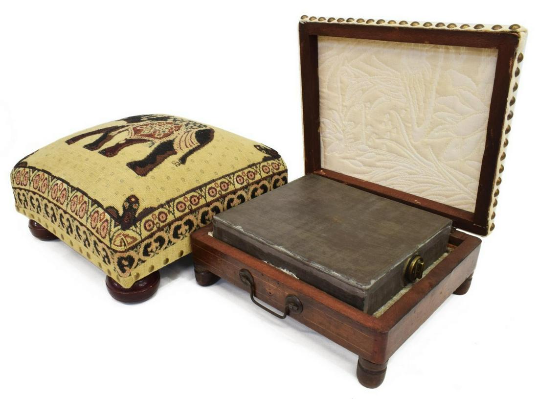 (2) FOOT WARMER & UPHOLSTERED FOOTSTOOL: (lot of 2) Footstools, including: (1) mahogany foot warmer, white floral upholstery, opening to metal warmer box, nailhead trim, on short tapered legs, approx 3.5"h, 10.75"w, 9.5"d, (1) footstool, uph