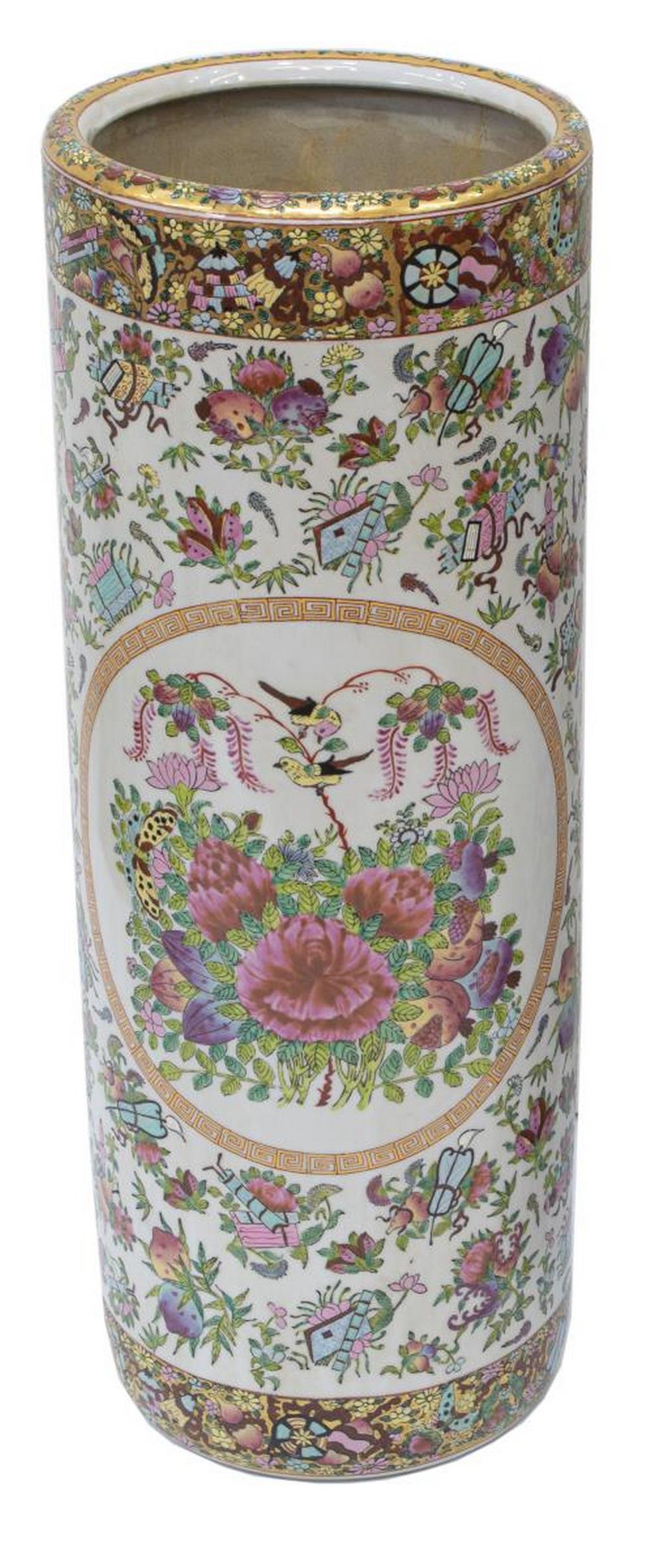 CHINESE ROSE MEDALLION PORCELAIN UMBRELLA STAND: Chinese rose medallion porcelain parcel gilt umbrella stand, decorated with reserves centering birds and foliates, amidst floral clusters on white ground throughout, stamped underfoot approx 23.75"h, 